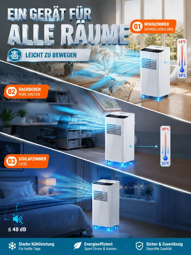 [Nur 1 kWh pro Nacht] Mobile Klimaanlage ohne Außengerät | A+++ Effizienz | Keine Montage